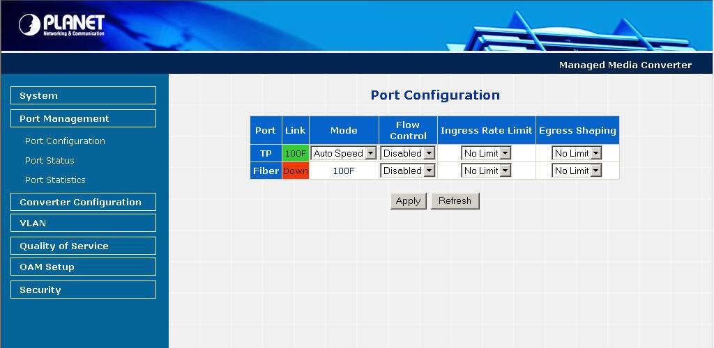 4.3 Port Management 4.3.1 Port Configuration This function allows displaying TP / Fiber port status.
