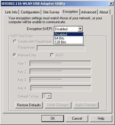 4. Click on the Encryption tab. Under the drop-box, you can choose to have WEP encryption Disabled, 64-Bit, or 128-Bit.