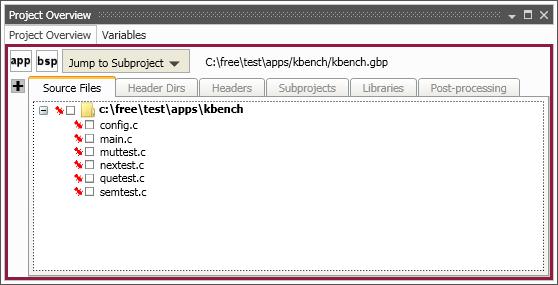 Clicking the Source Files tab in the Project Overview window displays the