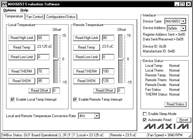 Figure. MAX665 EV Kit Software Main Window (Fan Control Panel) lower right of the main window.