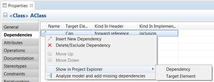 Navigation from Dependencies The Dependencies tab of the Properties view now provides commands for
