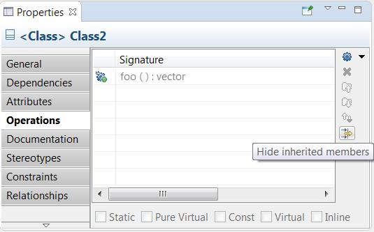 Hiding Inherited Members in the Properties View The Attributes and Operations tab in the Properties editor now provides a toggle button for hiding/showing inherited attributes or