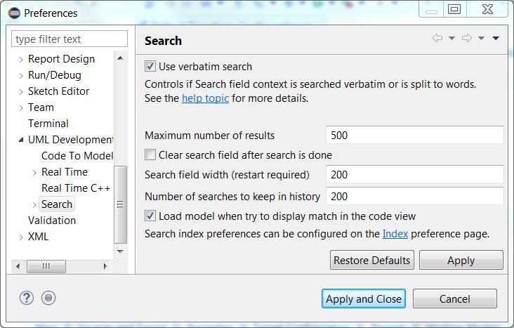 New Search Preferences Verbatim search, now enabled by default Previously verbatim searching required use of double quotes in search field When using RSARTE for code development verbatim