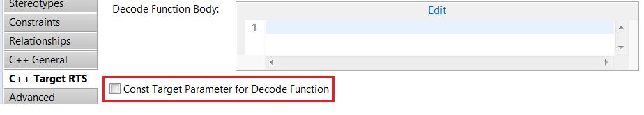 Decode Function with Const Target Parameter A new property in the C++ Target RTS property page was added Useful for decode functions that don t write to the target