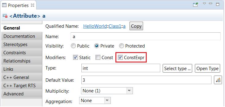 ConstExpr (C++ 11) Attributes and operations can now be marked as ConstExpr. The corresponding variable or function is then generated with the constexpr specifier.