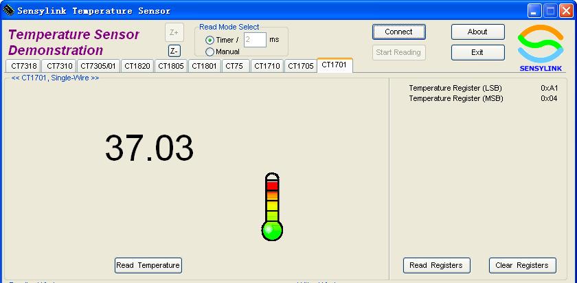 3 Software Reference Code Below are windows based GUI of demo application for Sensylink temperature sensor, select page, there are 2 Buttons.