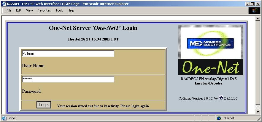 Web Server Login When the One-Net successfully connects for a Web session, it will present the following page in the Web browser.