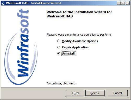 18 Winfrasoft HAS Uninstalling Winfrasoft HAS If you no longer require Winfrasoft HAS you can remove it from a server by doing the following: (1) To start the Winfrasoft HAS un-installation, run the