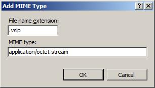 (3) Click Add and add each of the following MIME types: Extension.dat.vslp.