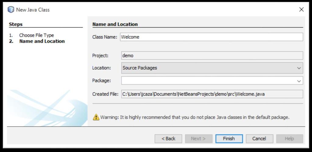 Creating a Java Class in NetBeans 2) You must now give your new Java program a name.