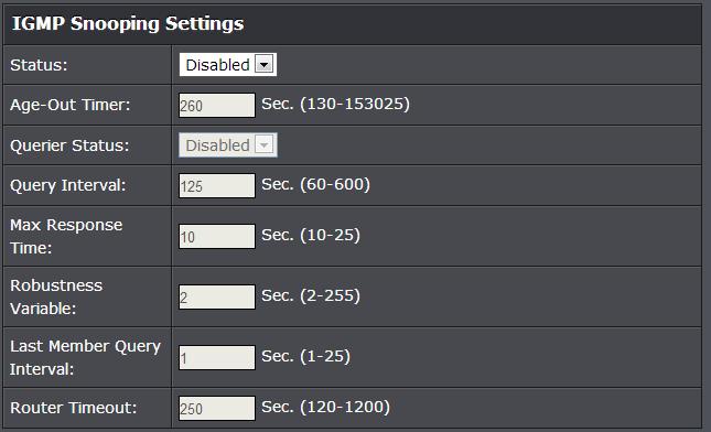 IGMP Snooping Configure IGMP Snooping Settings Bridge > IGMP Snooping > IGMP Snooping Settings The table below displays the static multicast address groups defined in your switch for reference and