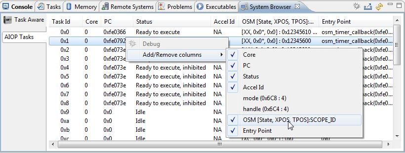 AIOP OS awareness features Figure 15. Show task information in System Browser options You can enable the columns from the System Browser view during the debug session.