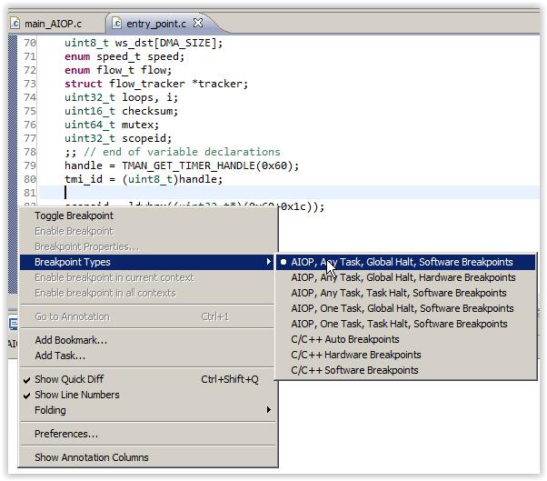 AIOP task specific breakpoints 3. Then select the type of the breakpoint you want to set. Figure 19. Editor view - Breakpoint Types option 4.