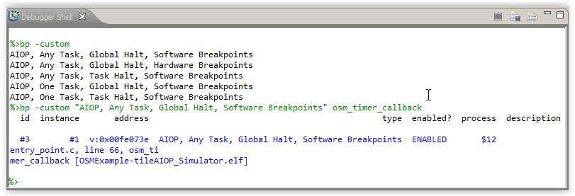 Debugger Shell view displaying all available AIOP task specific breakpoint types 3.
