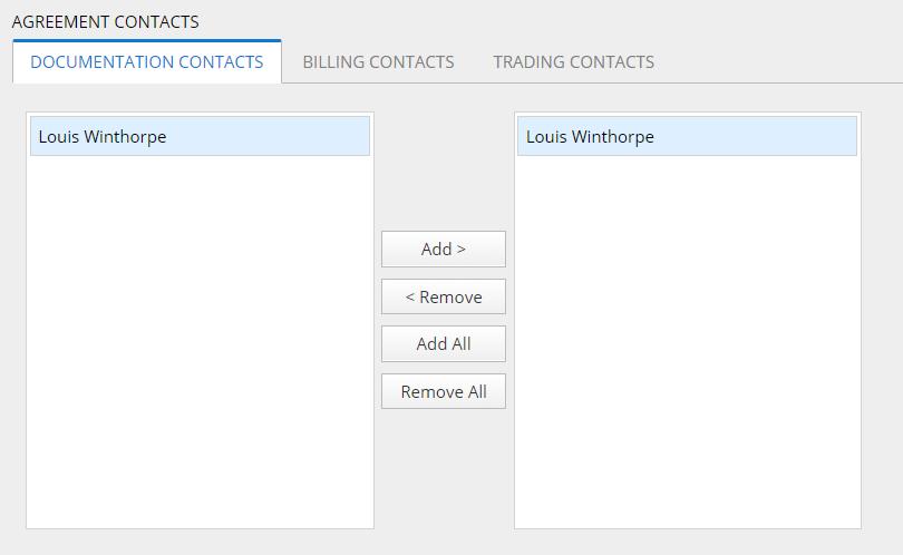 Managing Parties Updating Agreement Contacts From the View/Edit Party page, Admins are able to update the contacts for a Docs party. 1. Navigate to the Agreement Contacts section.
