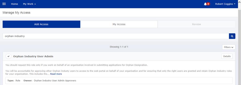 2. In the EMA Account Management home screen, click on Manage My Access ; Name of User 3.