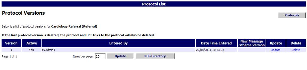 The default is set to 20 protocols per page but can be changed as required.