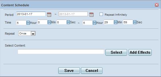 15 MagicInfo Premium Server Scheduling 1 Specify the time slot for content file playback by dragging or clicking a time slot from the timetable. Content Schedule window appears.