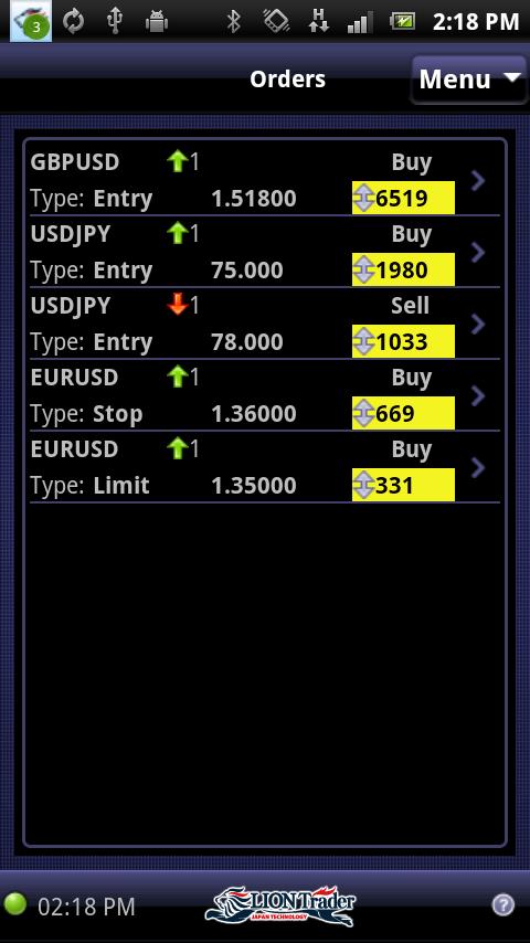 View Orders Menu - Orders To view Orders, go to Menu > Orders. You can view the following information: the instrument Buy/Sell order Amount order Type order Rate Proximity to market (in pips).