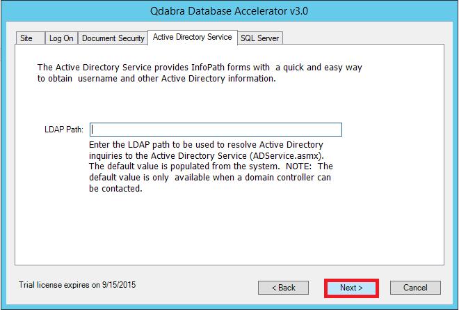Page 35 of 48 For the Active Directory Service, leave the LDAP Path blank. Click Next.