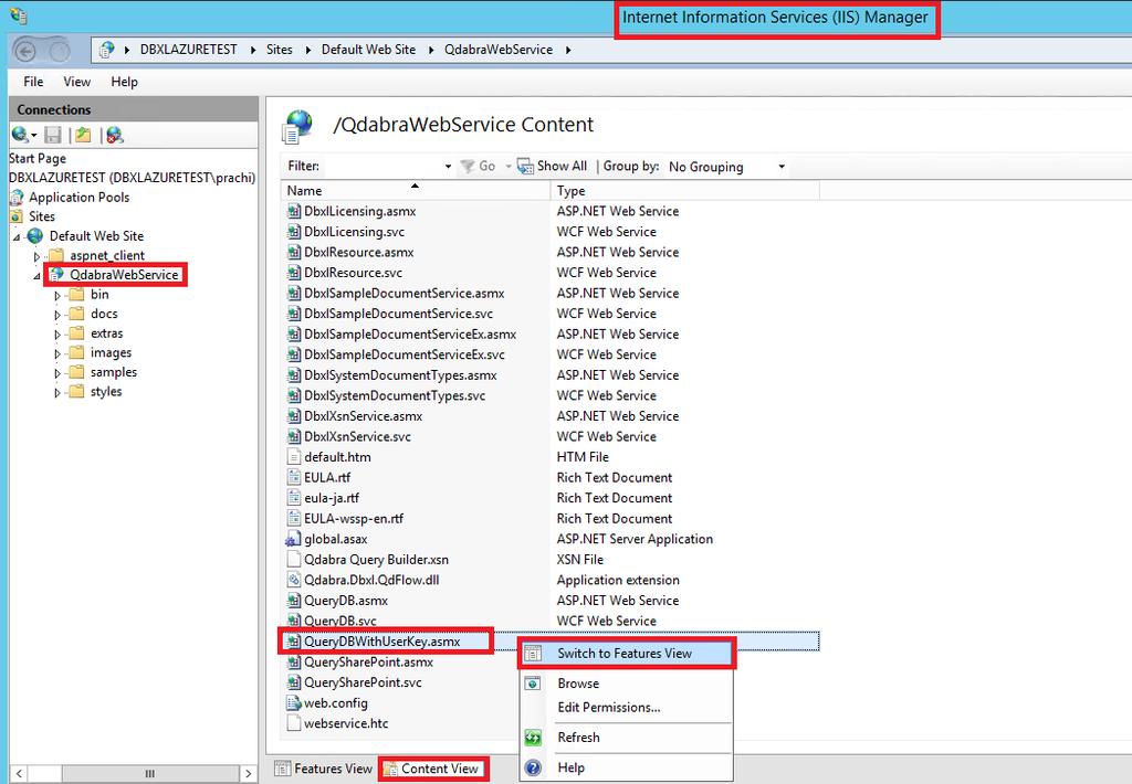 Page 37 of 48 CONFIGURE QUERYDBWITHUSERKEY SERVICE Open the IIS manager and expand Sites. Expand Default Web Service and select Qdabra Web Service.