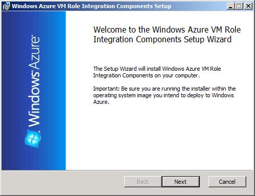 Figure 27 Windows Azure VM Role Integration Components Setup Welcome screen 5.