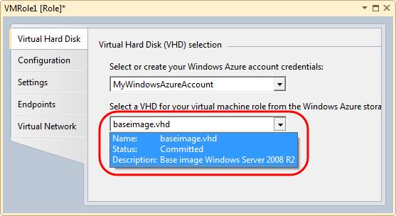 5. In the properties window for the new role, select the Virtual Hard Disk tab. To show the window, expand the Roles node in Solution Explorer and then double-click the VMRole1 role. 6.