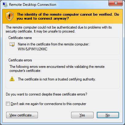 Click Yes to proceed. Figure 66 Verifying the identity of the remote computer 8.