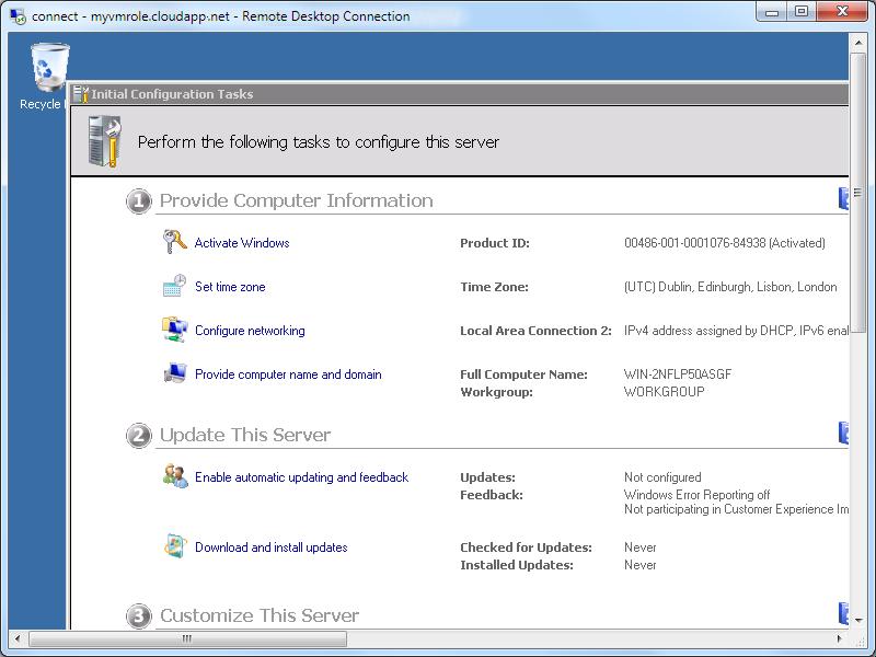 Figure 67 Remote Desktop connected to the virtual machine role instance Note: If you have trouble