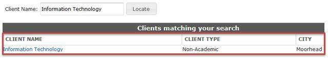 Locating the Group The first step in searching for an event that a specific group is having is to type in the client name and click Locate to see events that this specific group has going on.