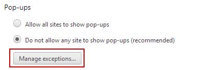 Allow is selected. Then click Done. Allowing Pop-Ups 1. At the top right of Chrome, click the Customize button and select Settings. 2. Find and click Show advanced settings... 3.