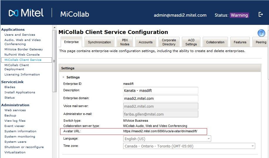 MiCollab Client Administrator Guide Business Online Service URLs form.