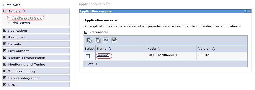1. On the Left Hand Side Click on Servers and then click on Application Servers. 2. Now Click on Server1 on Right Hand Side. 3.