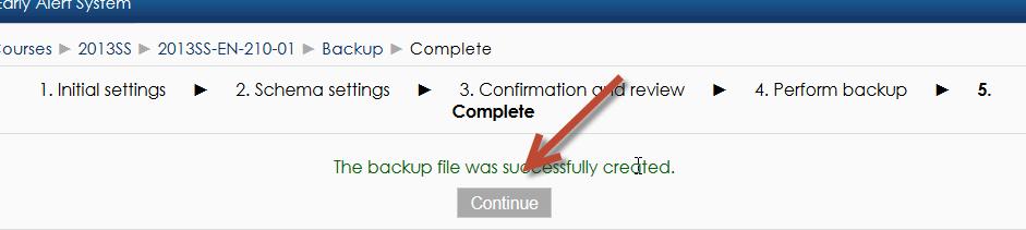 14. Click the Continue button when The Backup file was successfully created