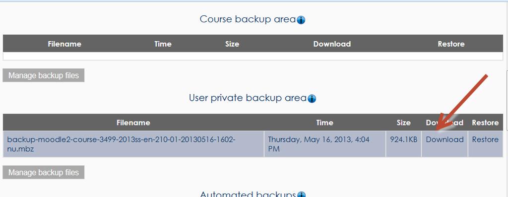 In the User Private Backup area, click the Download link next to the.