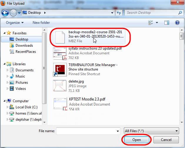 23. Locate and select the.mbz backup file you saved to your computer. 24.