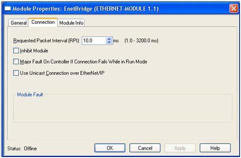 Configuring an I/O Ethernet Module 5. Click OK and the following pane appears. The fastest allowable RPI is 10 ms.