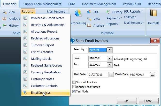 CK Email Sales Invoices Page 13 7.2 Email Invoices Utility Email Invoices is accessed from the Financials\Sales\Reports menu.
