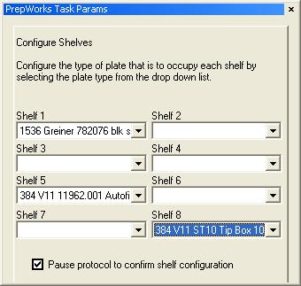 34 Chapter 4: Creating protocols Setting the Configure Shelves parameters About this topic The Configure Shelves task associates each VPrep Pipettor shelf with the particular plate type (labware).