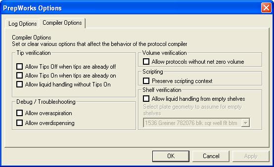 56 Chapter 4: Creating protocols To change the compiler options: 1. On the toolbar in the PrepWorks window, click Options. 2. In the PrepWorks Options dialog box, click the Compiler Options tab. 3.