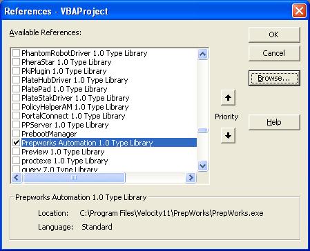 84 Chapter 7: Using the automation interface Creating the PrepWorks object with Visual Basic About this topic This topic explains how to use Visual Basic to create objects to automate control of the