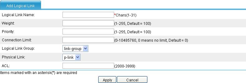 Figure 121 Creating a logical link 4. Configure the parameters as described in Table 24. 5. Click Apply.