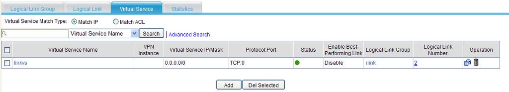 Creating a virtual service Outbound link load balancing supports the following virtual service match modes: Match IP Matches virtual services according to IP address/mask, protocol type, and port
