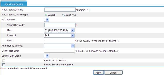 The match criteria include source IP address/wildcard, destination IP address/wildcard, protocol type, source port number, and VPN instance. Creating a virtual service (match IP) 1.
