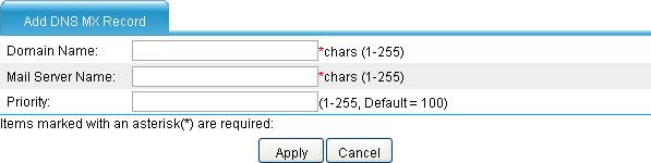 Figure 130 Adding a DNS MX record 4. Configure the parameters as described in Table 28. 5. Click Apply.