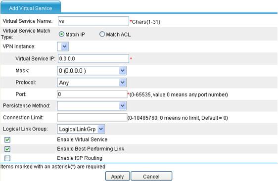 c. Click Apply. 7. Configure virtual service vs: a. Click the Virtual Service tab b. Select Match IP, and then click Add. c. Enter the virtual service vs and virtual service address 0.0.0.0. d.