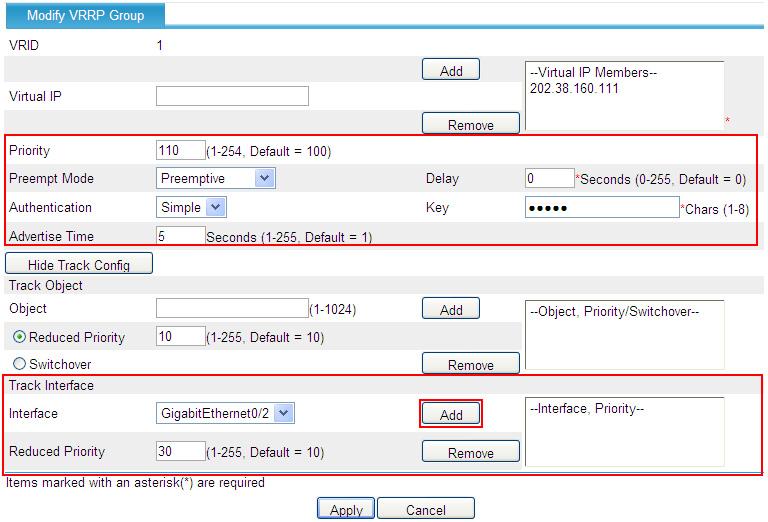 Figure 13 Creating VRRP group 1 3. Configure VRRP group attributes: a. On the VRRP group page of GigabitEthernet 0/1, click the icon corresponding to VRRP group 1. b. Enter 110 in the Priority field.