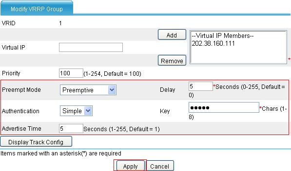 Figure 16 Configuring VRRP group attributes Verifying the configuration After the configuration, Host A can ping Host B.