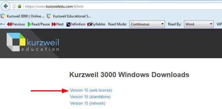 Find the link for Kurzweil 3000 Version 15 (web license). Right-click the link, and choose the option Save Link As 3. Save the installer file K3000_k3_15xx_W_WebLicense.