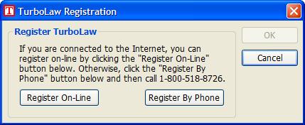 The Registration Screen If you have an Internet connection on your computer, click the Register On-Line button to register TurboLaw.